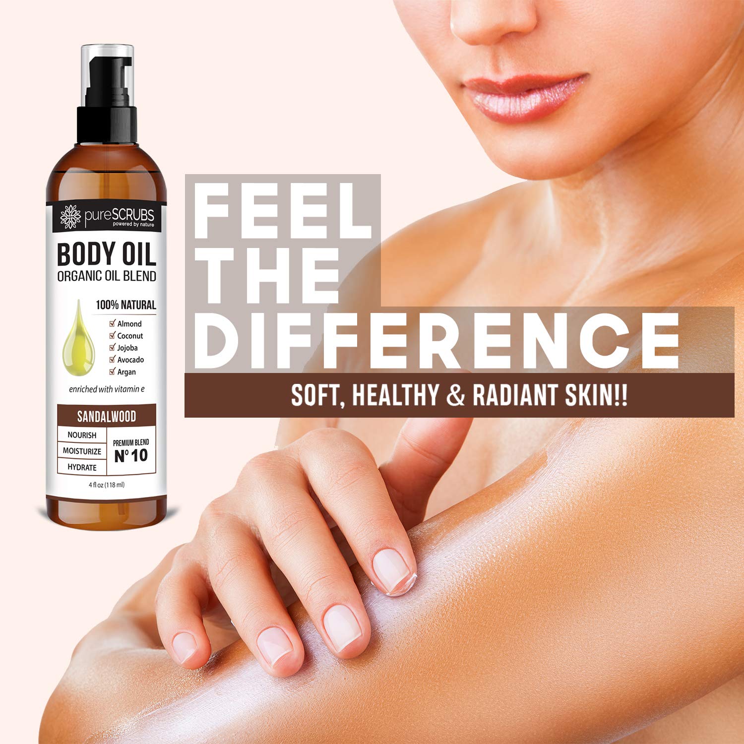 pureSCRUBS Ultra Moisturizing SANDALWOOD BODY OIL Spray For Dry Skin, Massage, Cuticles & More, Organic Blend of Jojoba, Argan, Coconut, Sweet Almond & Avocado Oils Enriched with Vitamin E - Lg 4oz
