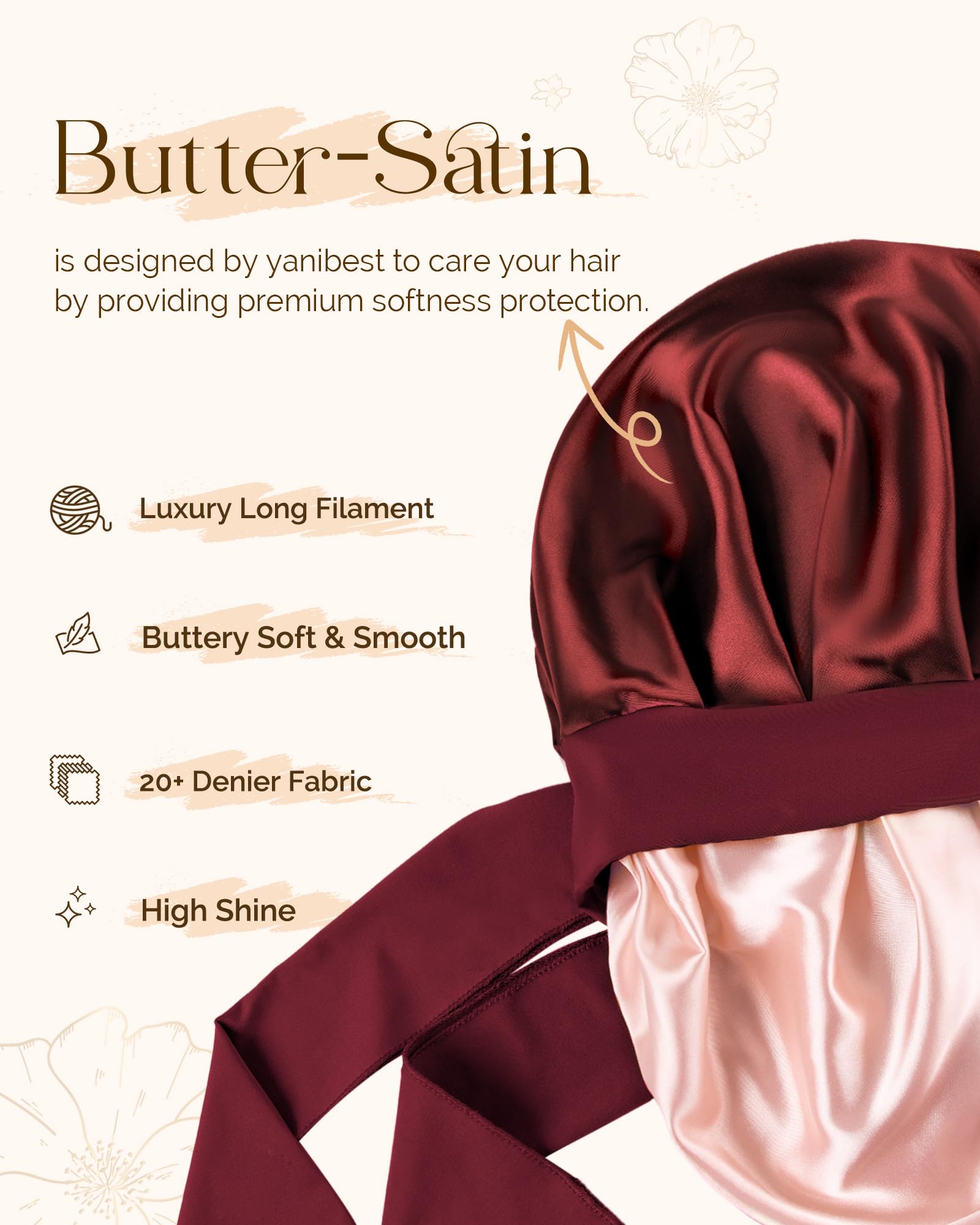 Adjustable Double Layer Satin Bonnet, Silk Hair Bonnet for Sleeping with Elastic Tie Curly Natural Hair Reduce frizz