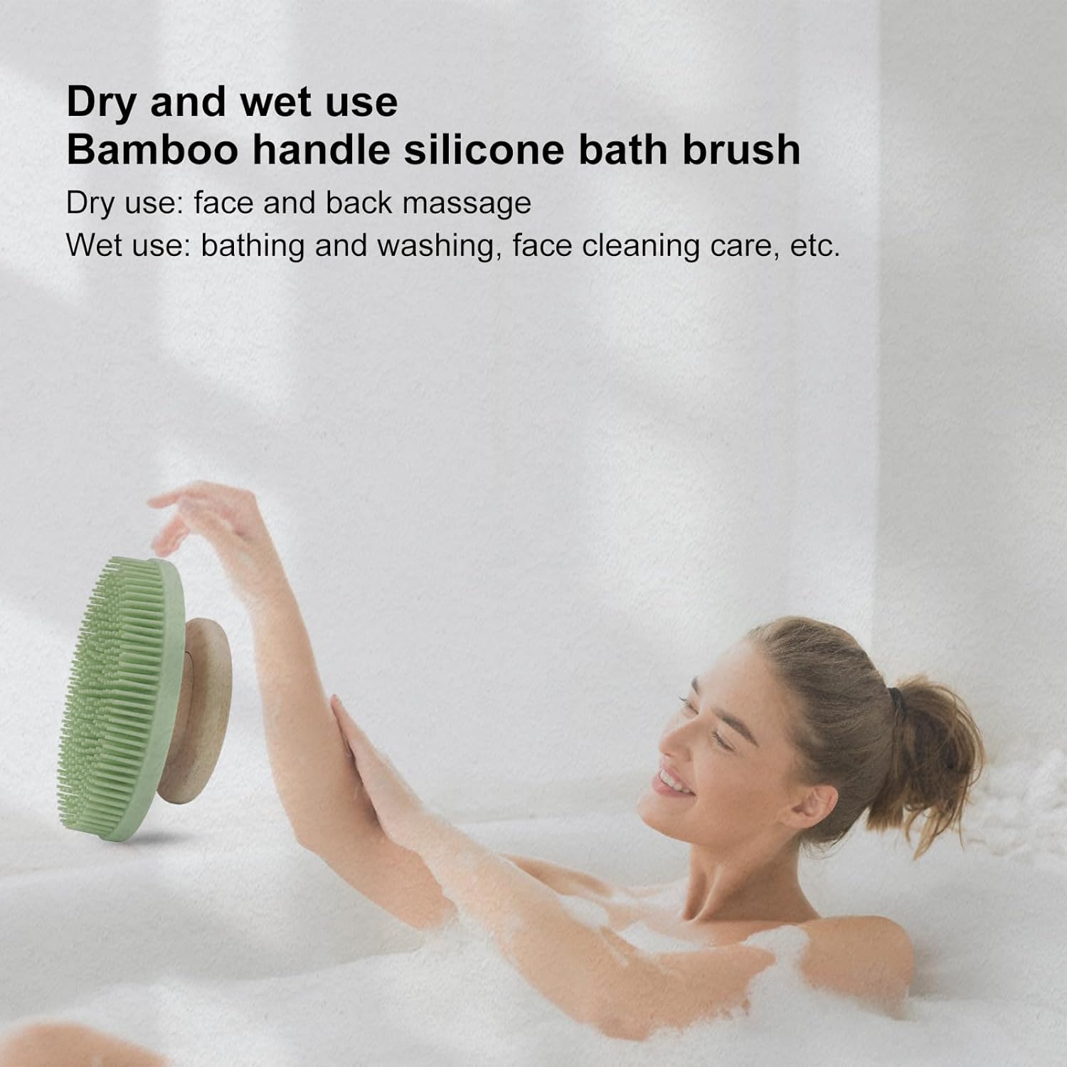 Silicone Bath Brush with Bamboo Handle.