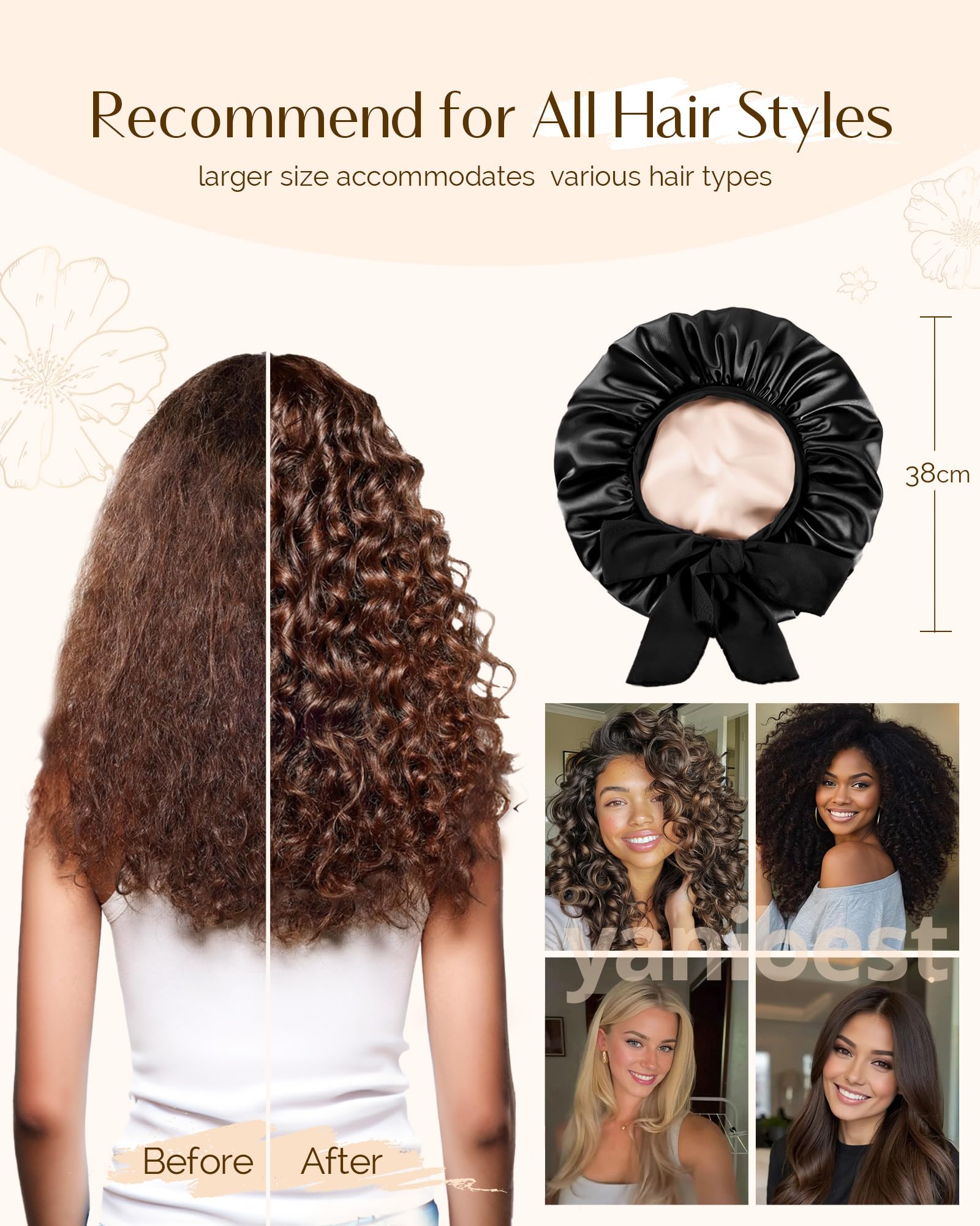 Adjustable Double Layer Satin Bonnet, Silk Hair Bonnet for Sleeping with Elastic Tie Curly Natural Hair Reduce frizz