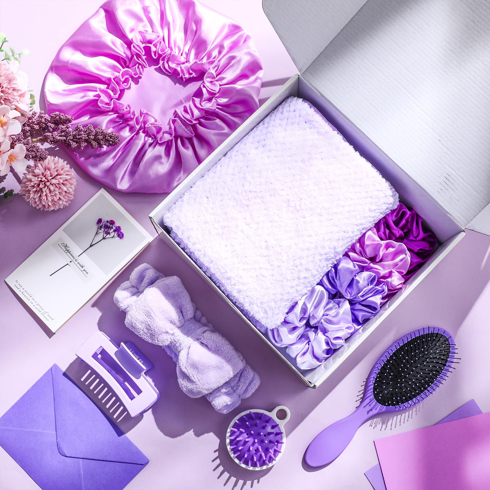 Sawysine 12 Pcs Mother's Day Hair Care Gift Set with Pink Microfiber Hair Drying Towel Spa Kit Include Quick Dry Hairs Towel Wrap Silk Bonnet Headband Brush for Women Birthday Wedding Gifts