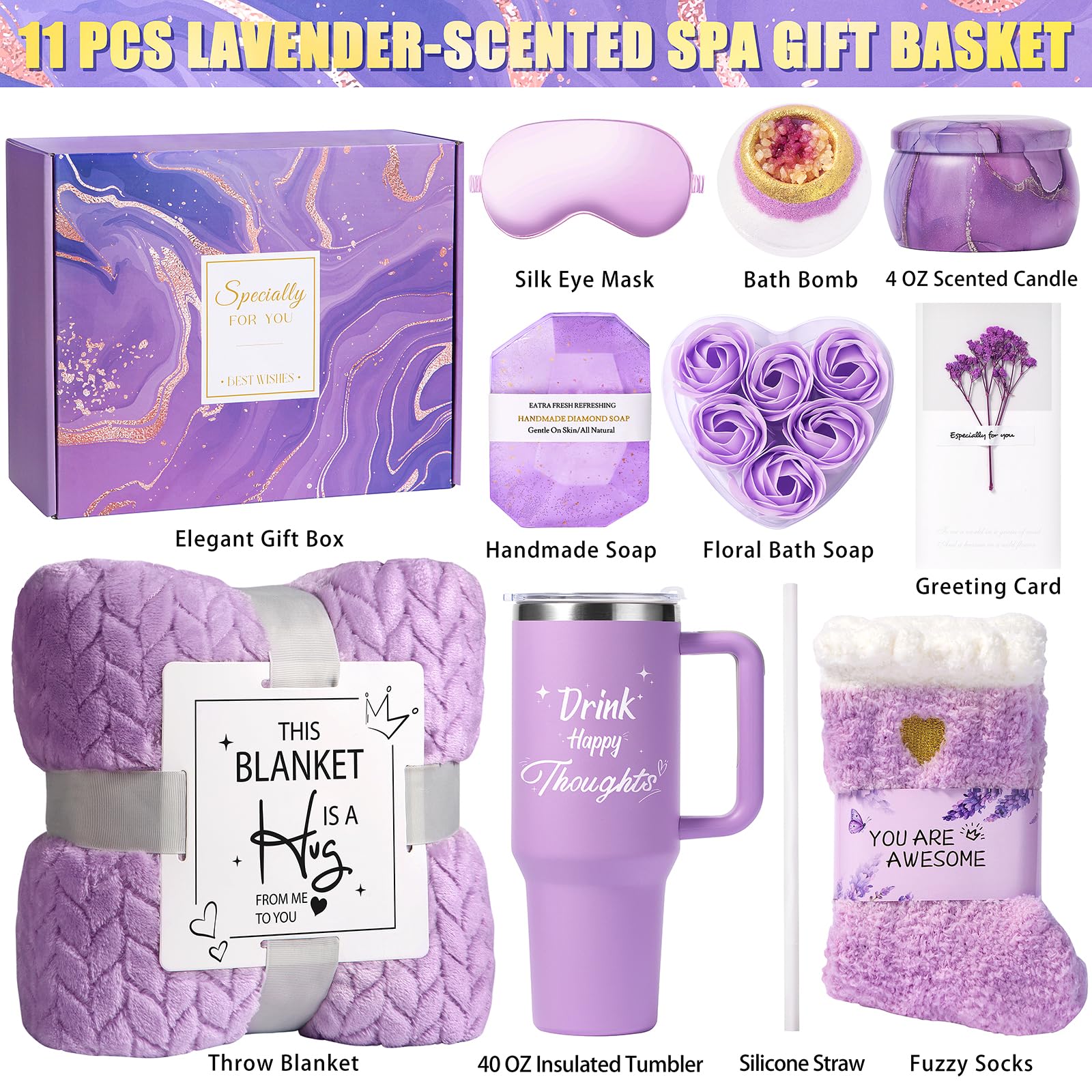 Self Care Gift Basket for Women – Spa Gift Set with Blanket, 40oz Tumbler & Relaxing Essentials.