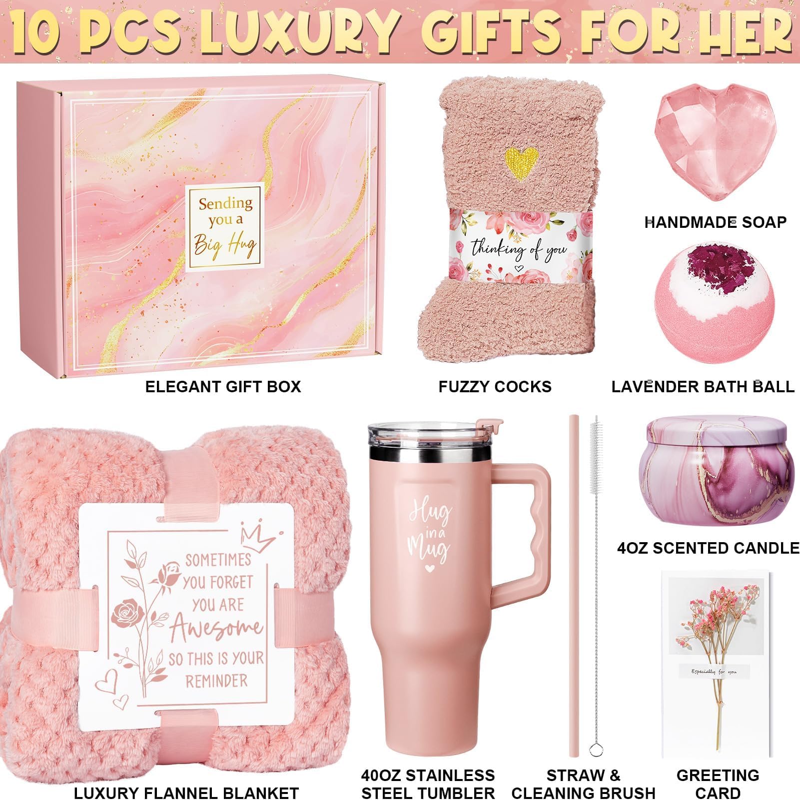 Rose Spa Gift Basket for Women with 40oz Tumbler, Flannel Blanket, Candle, Bath Bomb & Self-Care Essentials