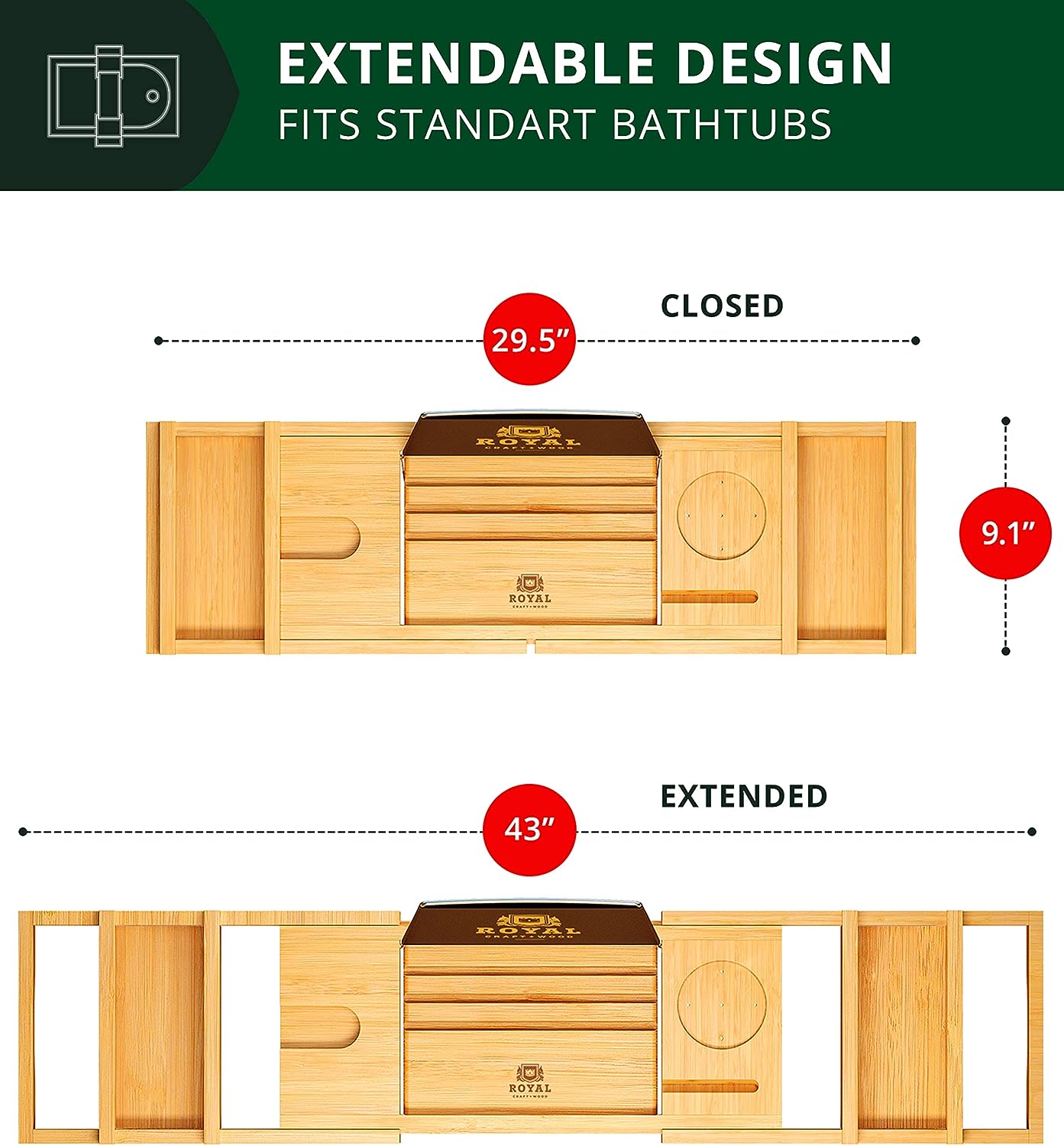 ROYAL CRAFT WOOD Foldable Bathtub Tray Caddy Bamboo Bathtub Tray Expandable, Bath Tub Table Caddy with Extending Sides - Free Soap Dish