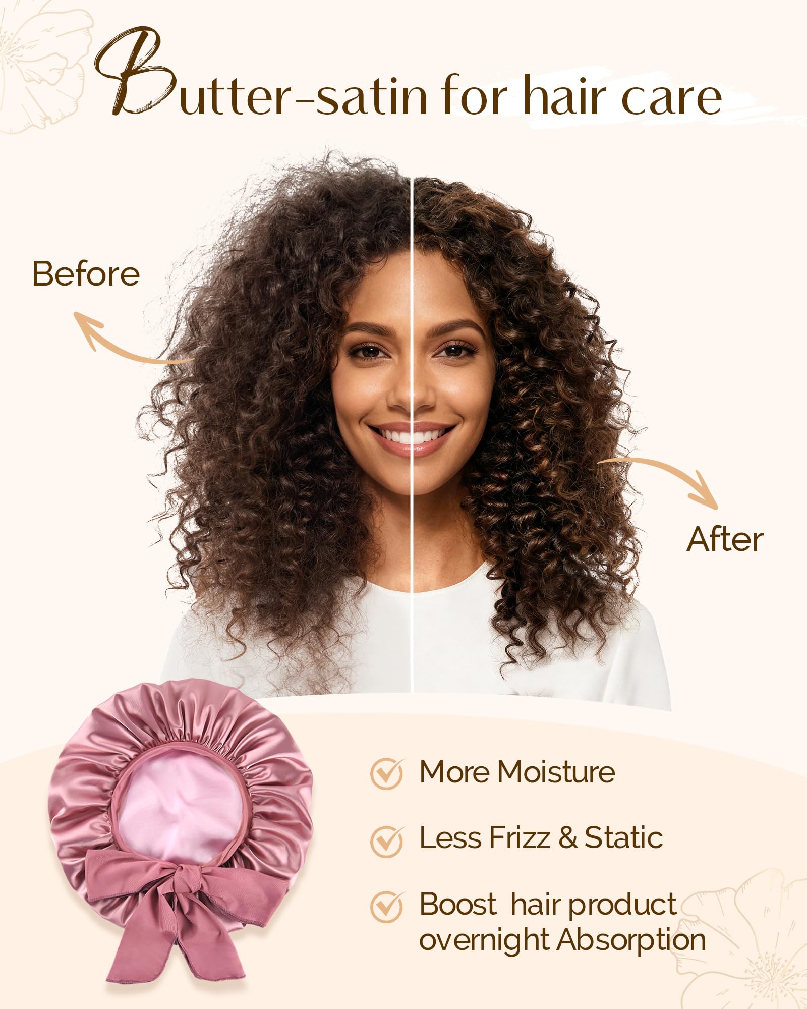 Adjustable Double Layer Satin Bonnet, Silk Hair Bonnet for Sleeping with Elastic Tie Curly Natural Hair Reduce frizz