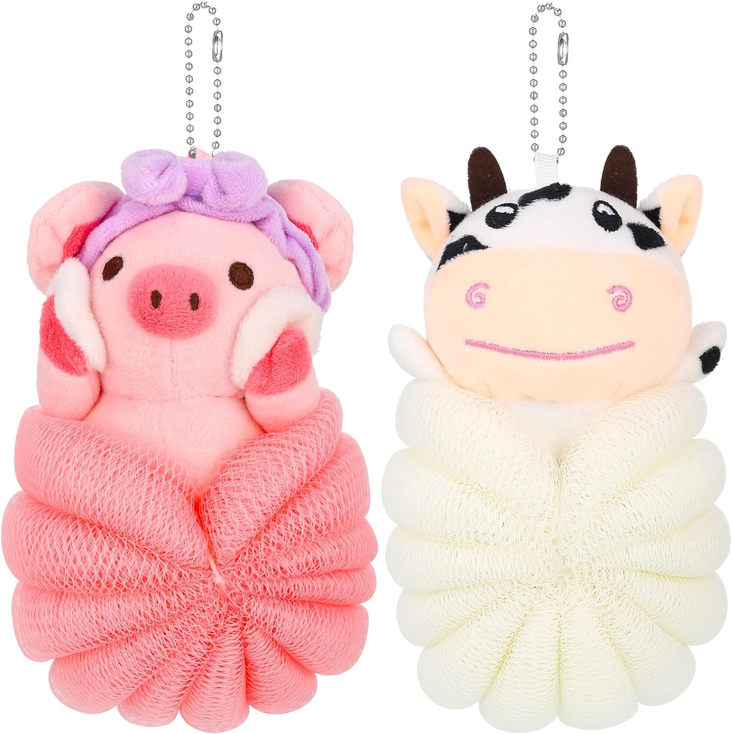 Vesici 2 Pcs Bath Sponge Kids Body Shower Loofah Cute Animal Cartoon Colorful Baby Pouf Mesh for Toddler Children Adults Gifts Washing Exfoliating, Pig and Cow 1 count
