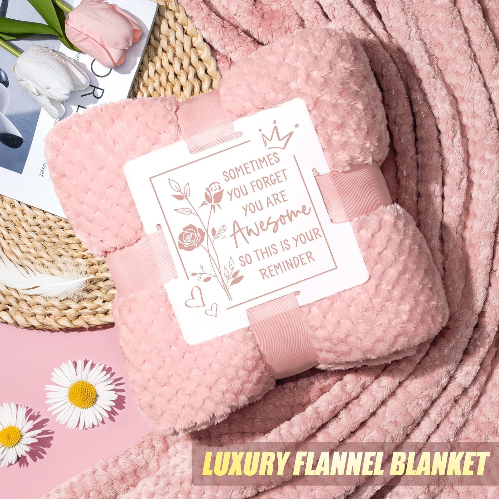 Rose Self Care Gift Basket for Women – Spa Gift Set with Blanket, Tumbler, Candle & Bath Essentials.