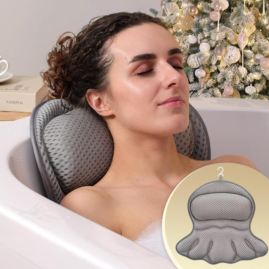 Bath Pillow Luxury Bathtub Pillow, Extra Soft & Comfortable Bath Pillow for Tub Head Neck and Back Support, with 3D Air Mesh Cushions & Non-Slip Suction Cups – Great Christmas Bath Gift (Gray)