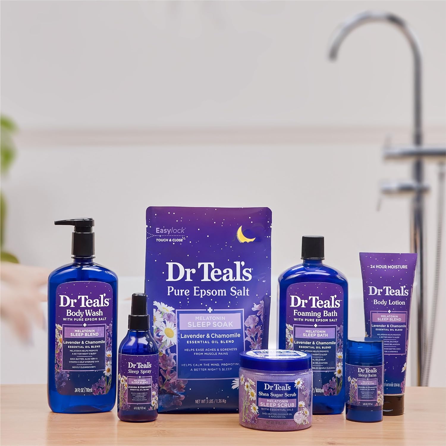 Dr Teal's Foaming Bath with Pure Epsom Salt, Sleep Blend with Melatonin, Lavender & Chamomile Essential Oils, 34 fl oz (Pack of 4) (Packaging May Vary)