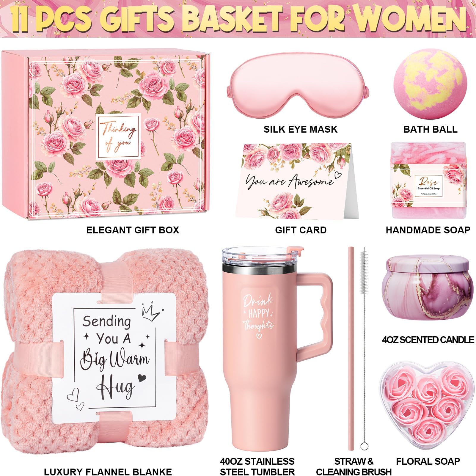 Rose Self Care Gift Basket for Women – Spa Gift Set with Blanket, Tumbler, Candle & Bath Essentials.