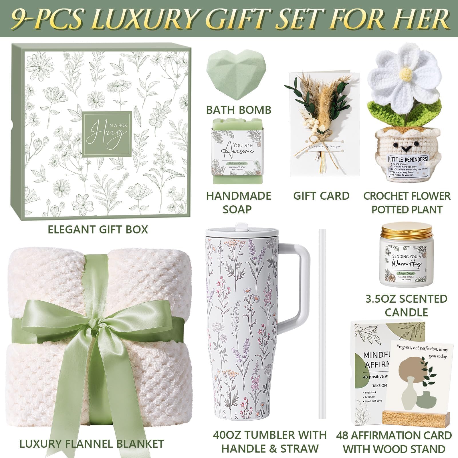 Relaxation Gift Basket for Women with 40oz Tumbler, Blanket, Candle, Bath Bomb & Self-Care Essentials