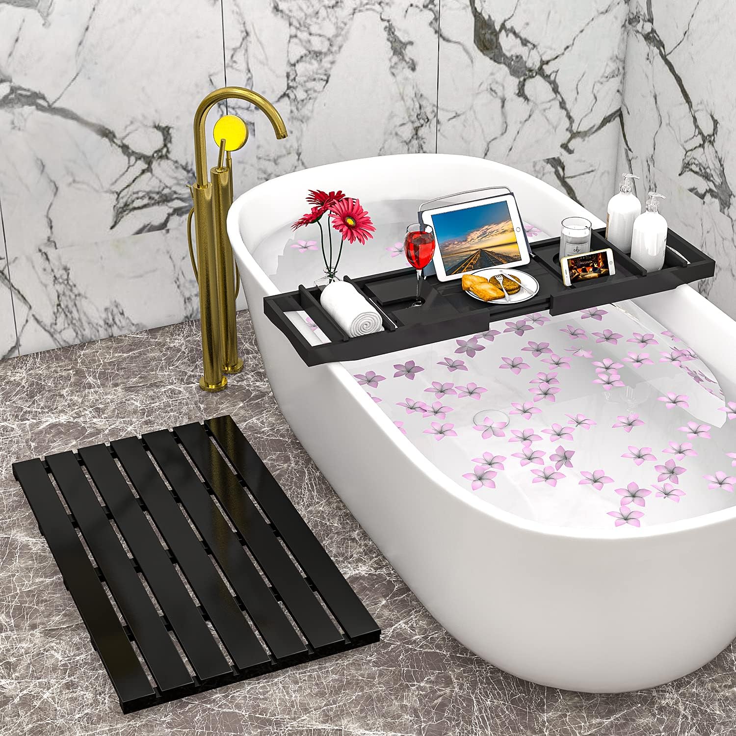 Domax Bathtub Caddy Tray and Bamboo Bath Mat for Luxury Spa Bath Black