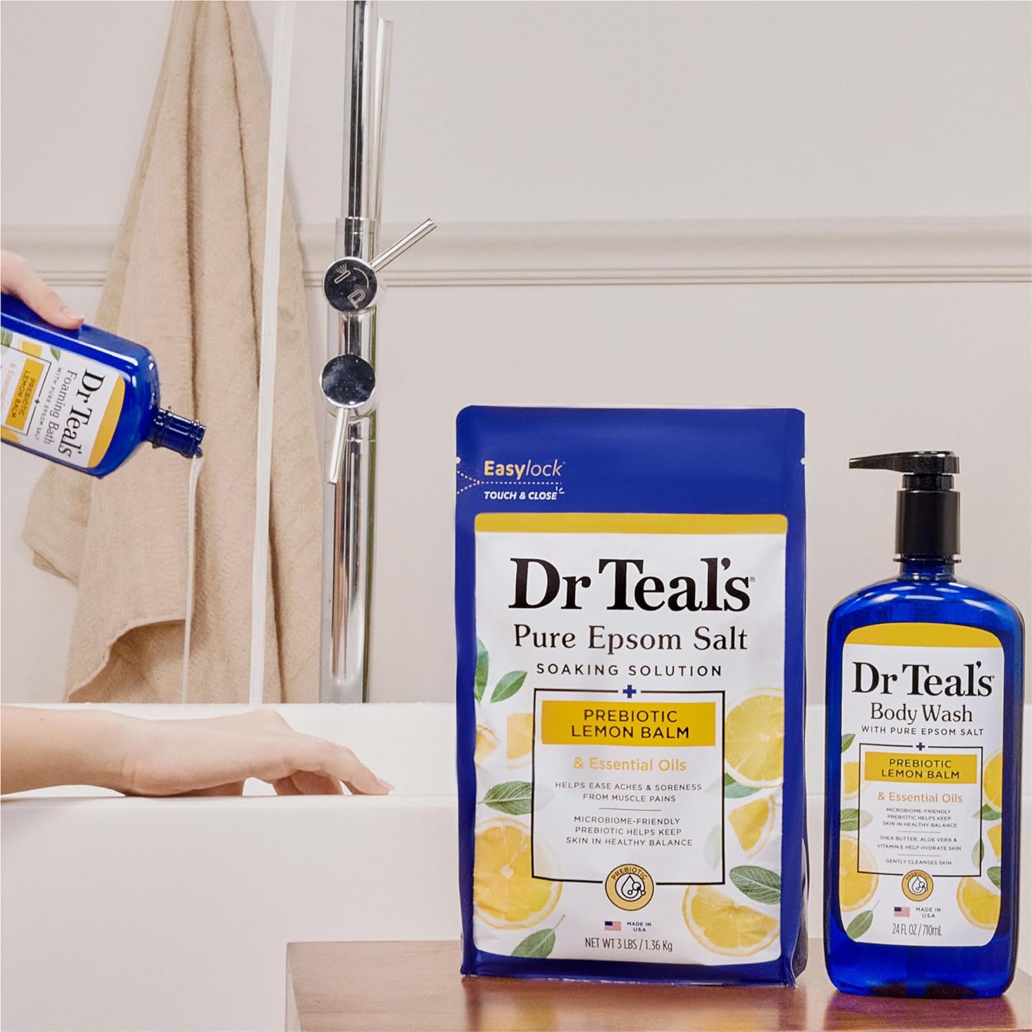 Dr Teal's Foaming Bath with Pure Epsom Salt, Sleep Blend with Melatonin, Lavender & Chamomile Essential Oils, 34 fl oz (Pack of 4) (Packaging May Vary)
