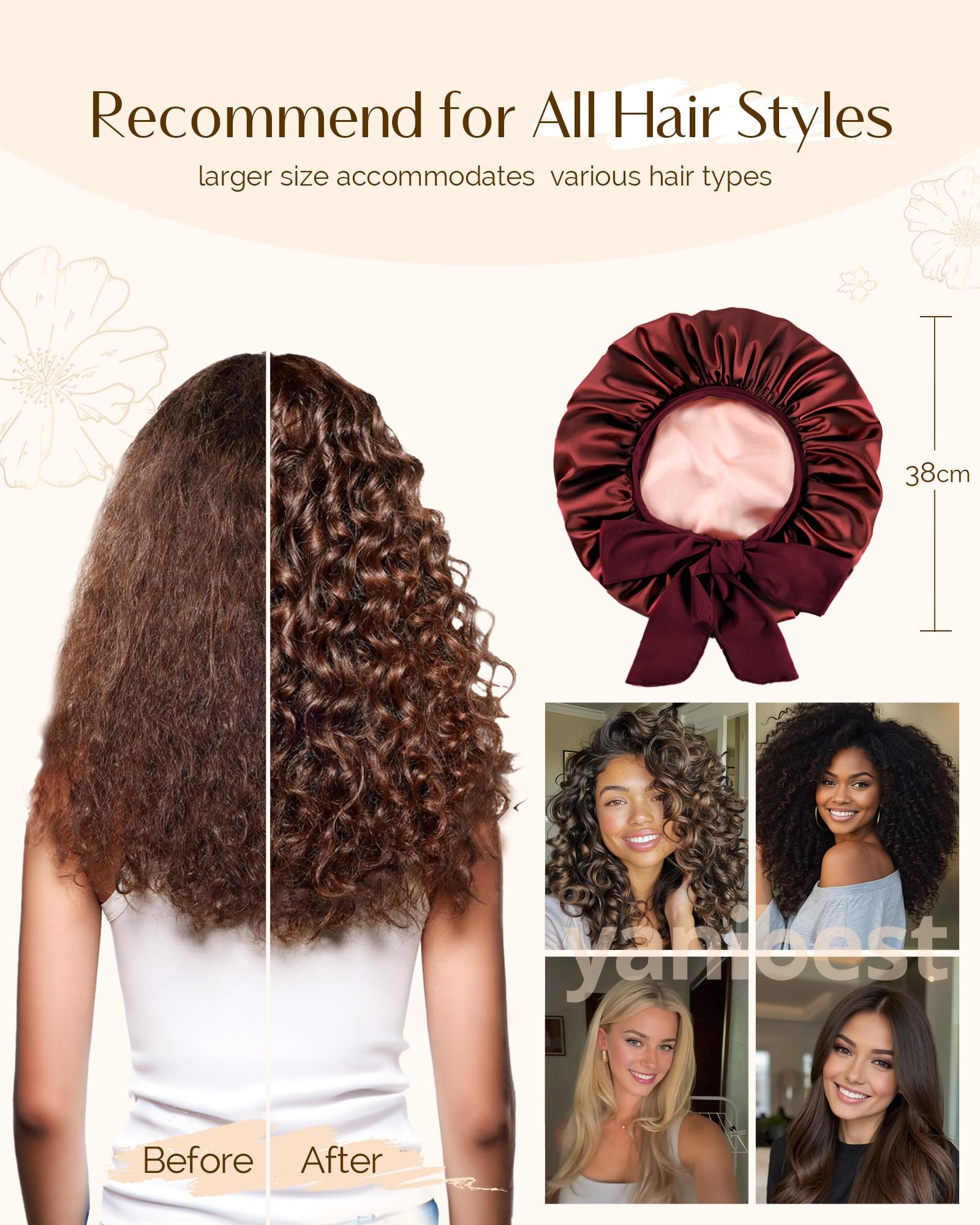 Adjustable Double Layer Satin Bonnet, Silk Hair Bonnet for Sleeping with Elastic Tie Curly Natural Hair Reduce frizz