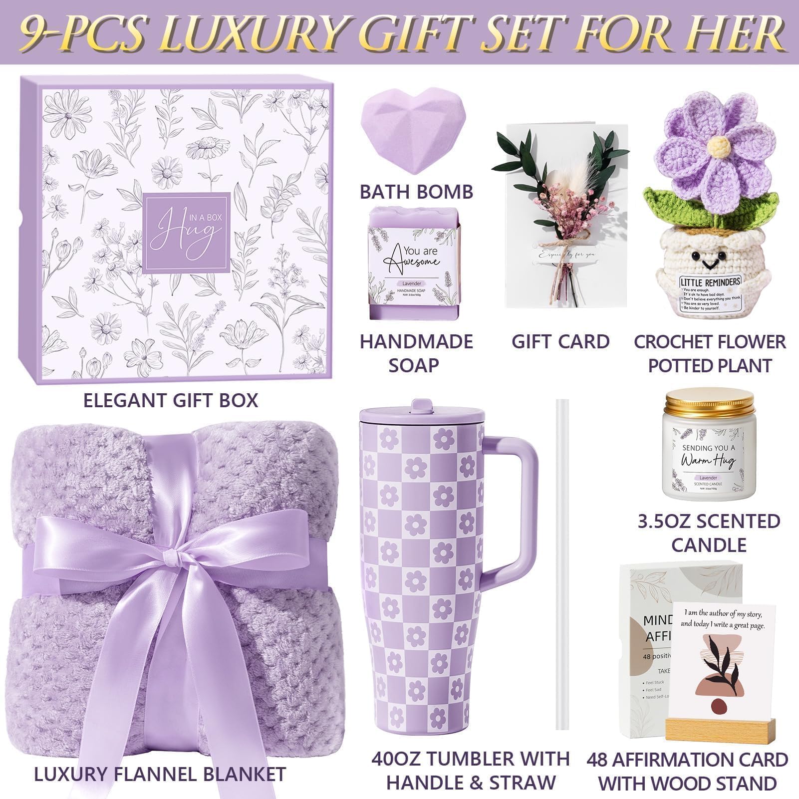 Luxury Spa Gift Basket for Women with 40oz Tumbler, Blanket, Candle, Bath Bomb & Self-Care Essentials