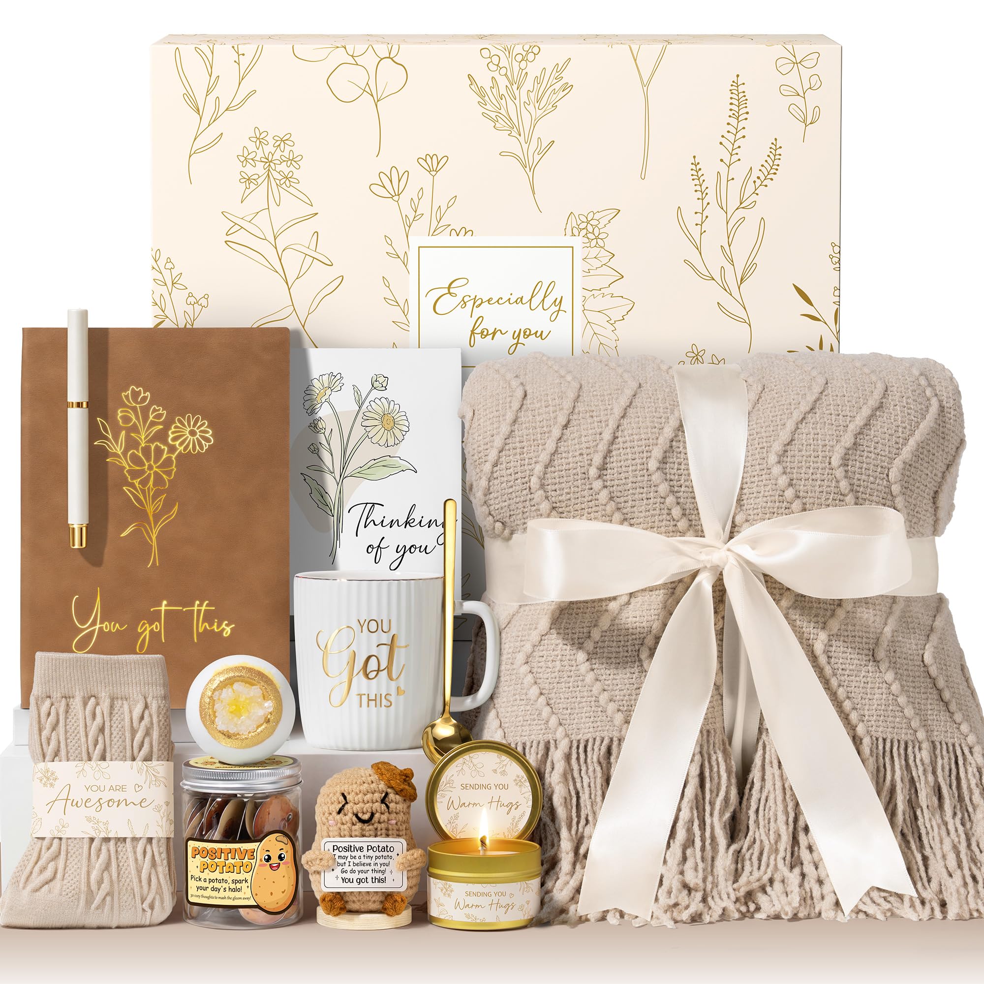 Self-Care Gift Basket for Women with Blanket, Mug, Candle, Journal & Spa Essentials.