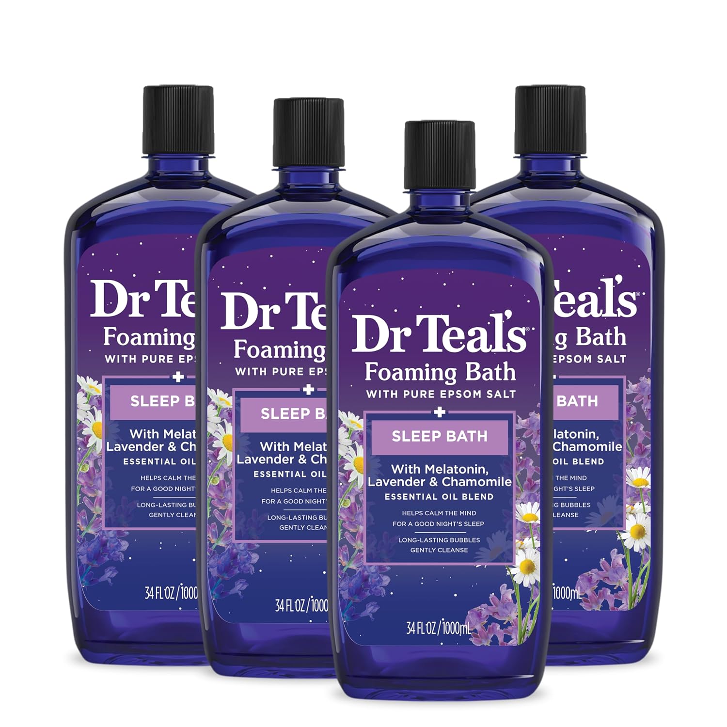 Dr Teal's Foaming Bath with Pure Epsom Salt, Sleep Blend with Melatonin, Lavender & Chamomile Essential Oils, 34 fl oz (Pack of 4) (Packaging May Vary)