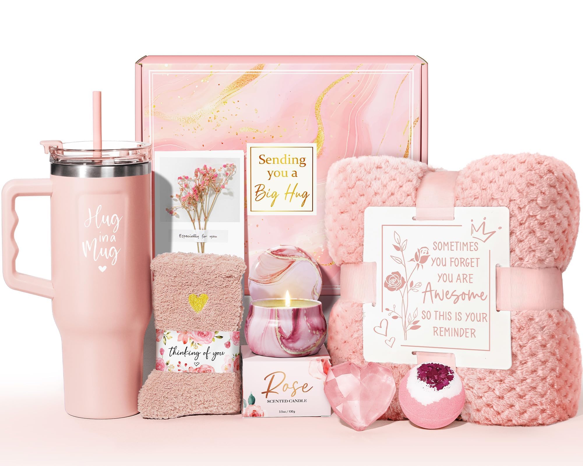 Rose Spa Gift Basket for Women with 40oz Tumbler, Flannel Blanket, Candle, Bath Bomb & Self-Care Essentials