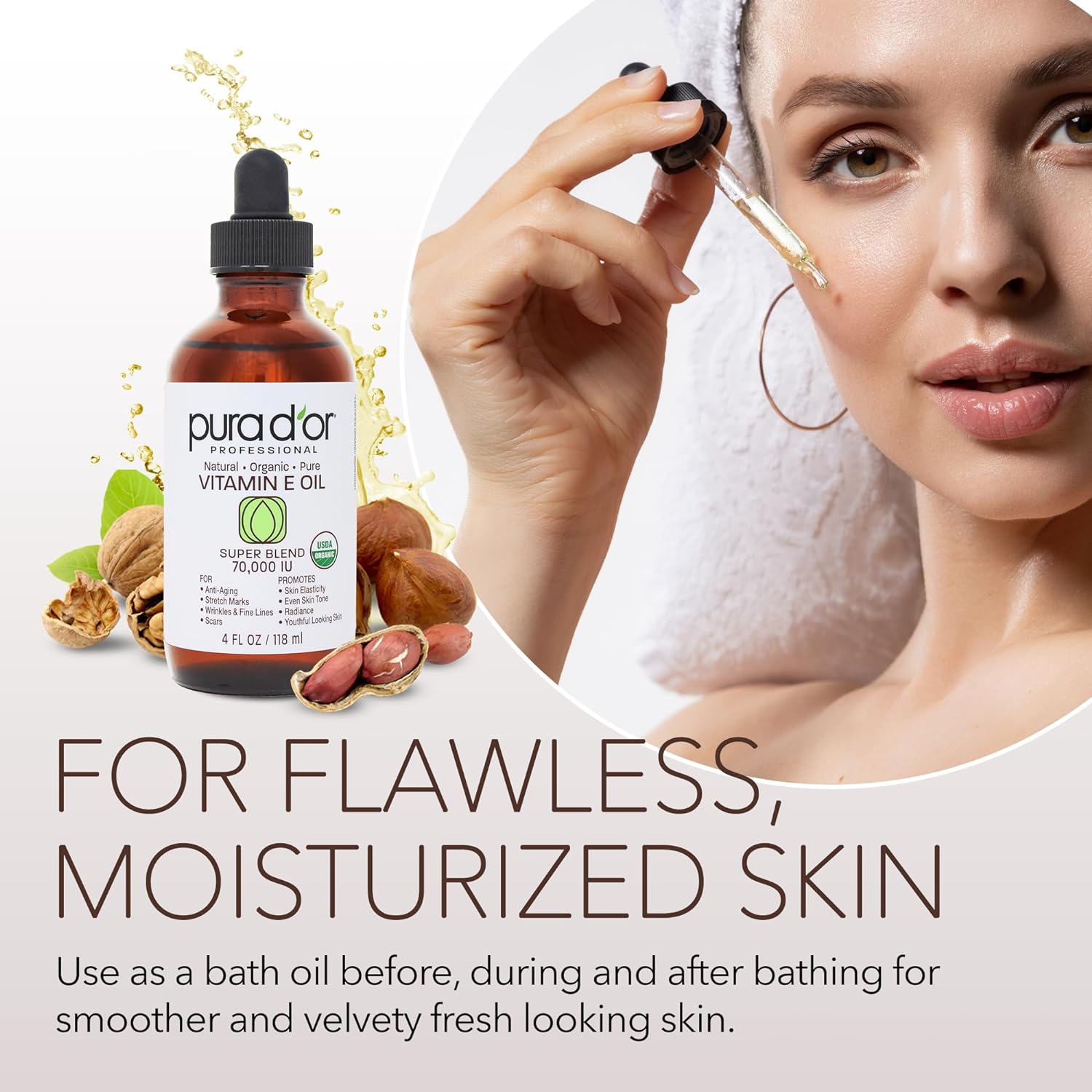 PURA D'OR Organic Vitamin E Oil Blend 70,000 IU (4oz / 118mL) 100% Natural Hexane Free, Sweet Almond, Apricot, Jojoba, Argan, Rosehip, Sunflower & Avocado Bath Oil for Scars, Skin, Face & Full Body