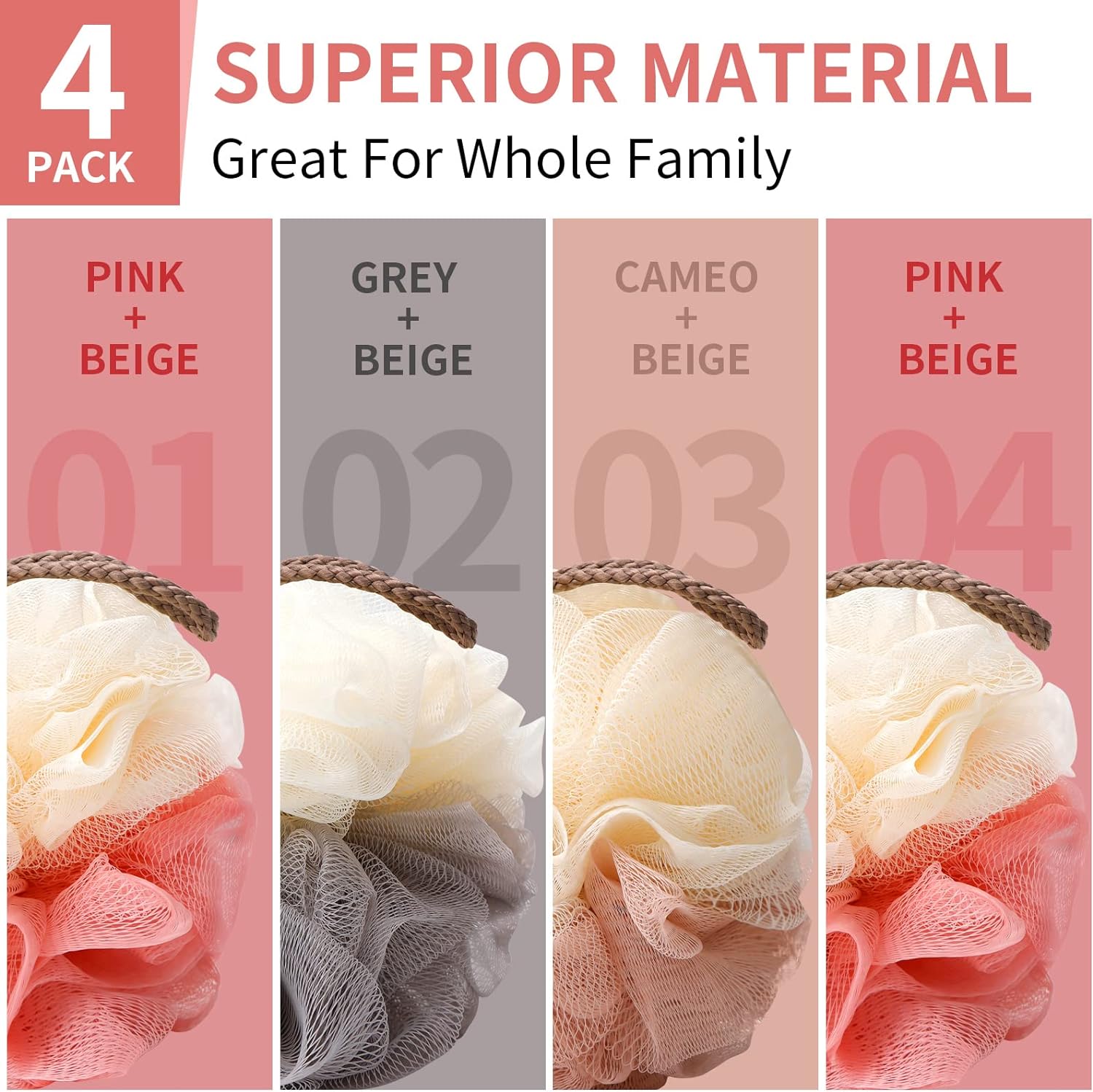 Soft Mesh Shower Loofah Sponge Set (4 Pack)