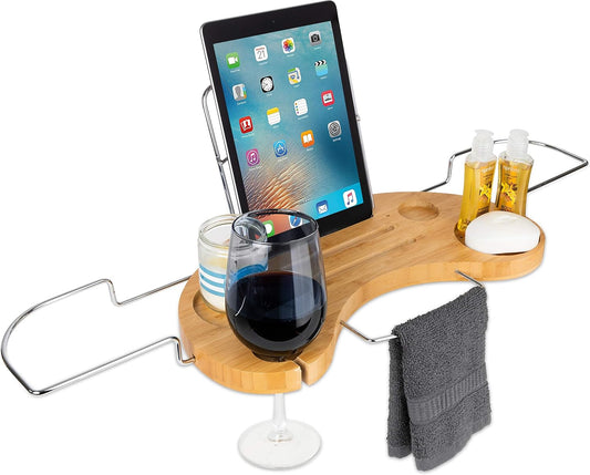 Olivia & Aiden Luxury Bathtub Caddy Tray (Bamboo) Expandable Tub Organizer w/Detachable Tablet Backrest, Wine Glass Holder, Smartphone Holder | Portable Spa Comfort