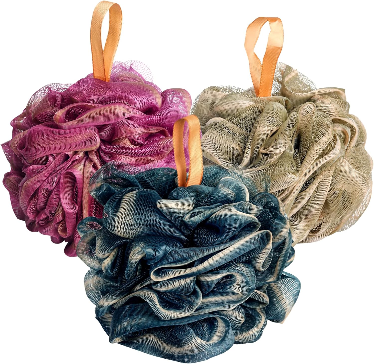 Fishent Bath Loofah Sponge, 3 Pack loofahs Exfoliating Body Scrubber, 60g Soft Mesh Pouf Shower Puffs, Loofa for Women (Pink-Peach-Coral)