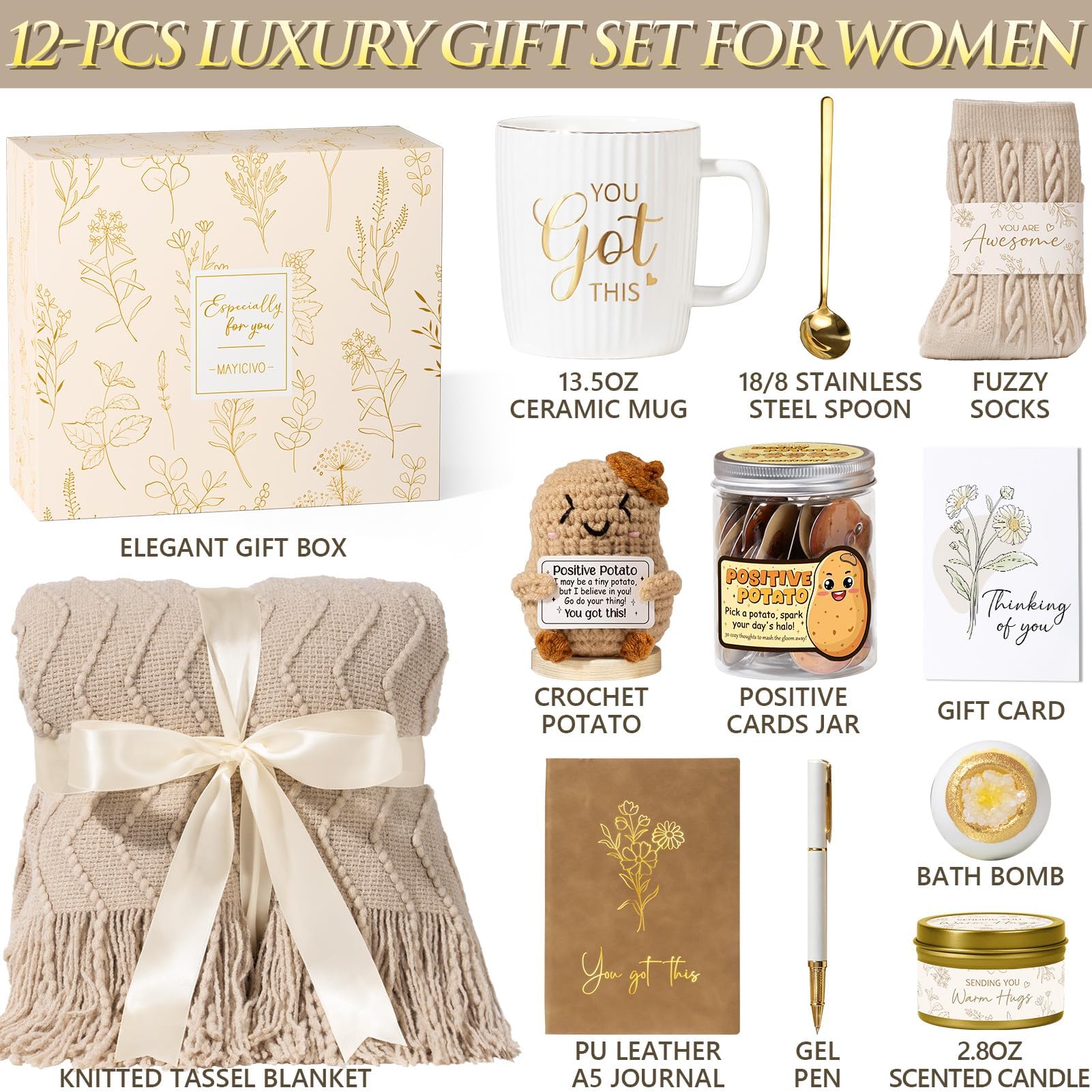 Self-Care Gift Basket for Women with Blanket, Mug, Candle, Journal & Spa Essentials.