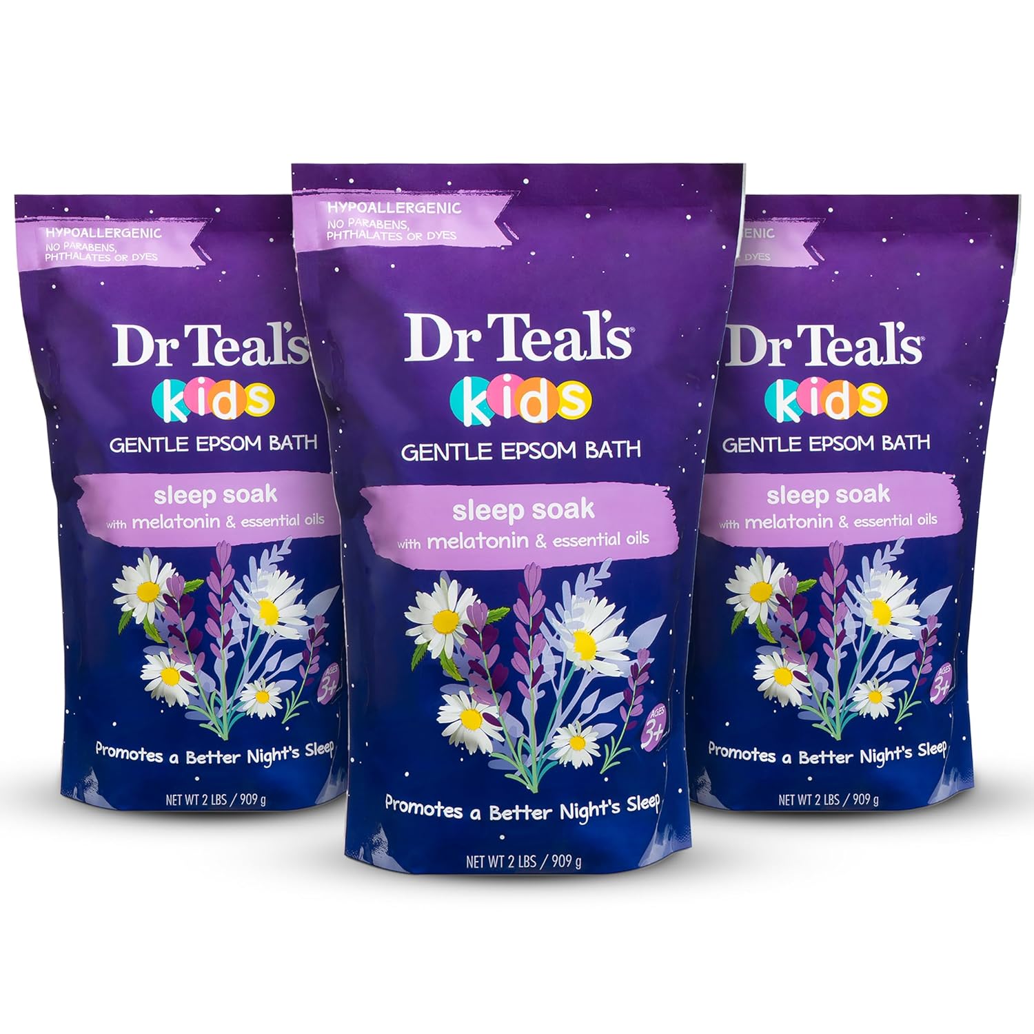 Dr Teal's Kids Gentle Epsom Salt Soak, Sleep Blend with Melatonin, Lavender & Chamomile Essential Oil, 2 lbs (Pack of 3) (Packaging May Vary)