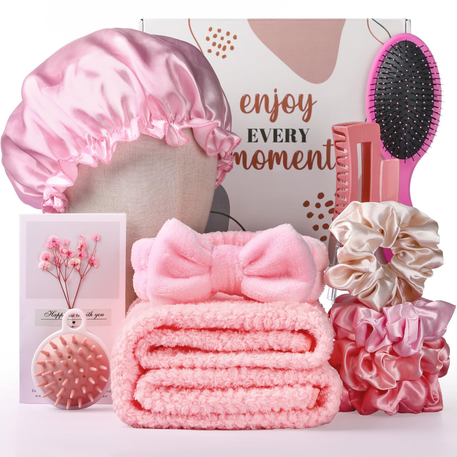 Sawysine 12 Pcs Mother's Day Hair Care Gift Set with Pink Microfiber Hair Drying Towel Spa Kit Include Quick Dry Hairs Towel Wrap Silk Bonnet Headband Brush for Women Birthday Wedding Gifts