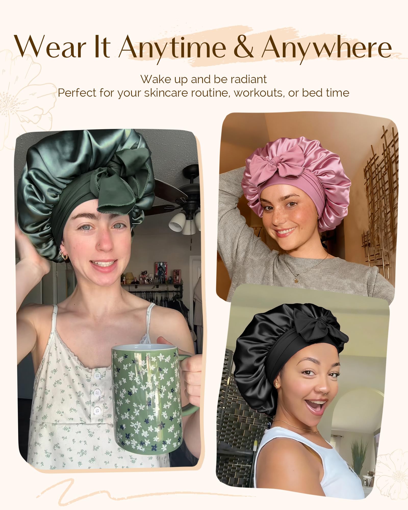 Adjustable Double Layer Satin Bonnet, Silk Hair Bonnet for Sleeping with Elastic Tie Curly Natural Hair Reduce frizz