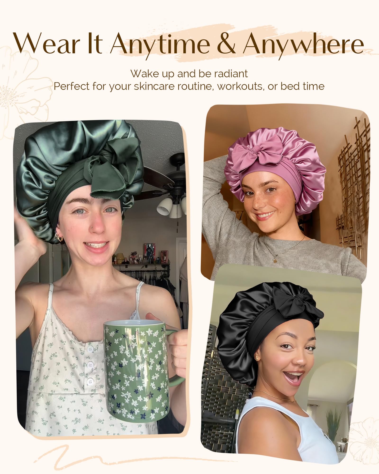 Adjustable Double Layer Satin Bonnet, Silk Hair Bonnet for Sleeping with Elastic Tie Curly Natural Hair Reduce frizz