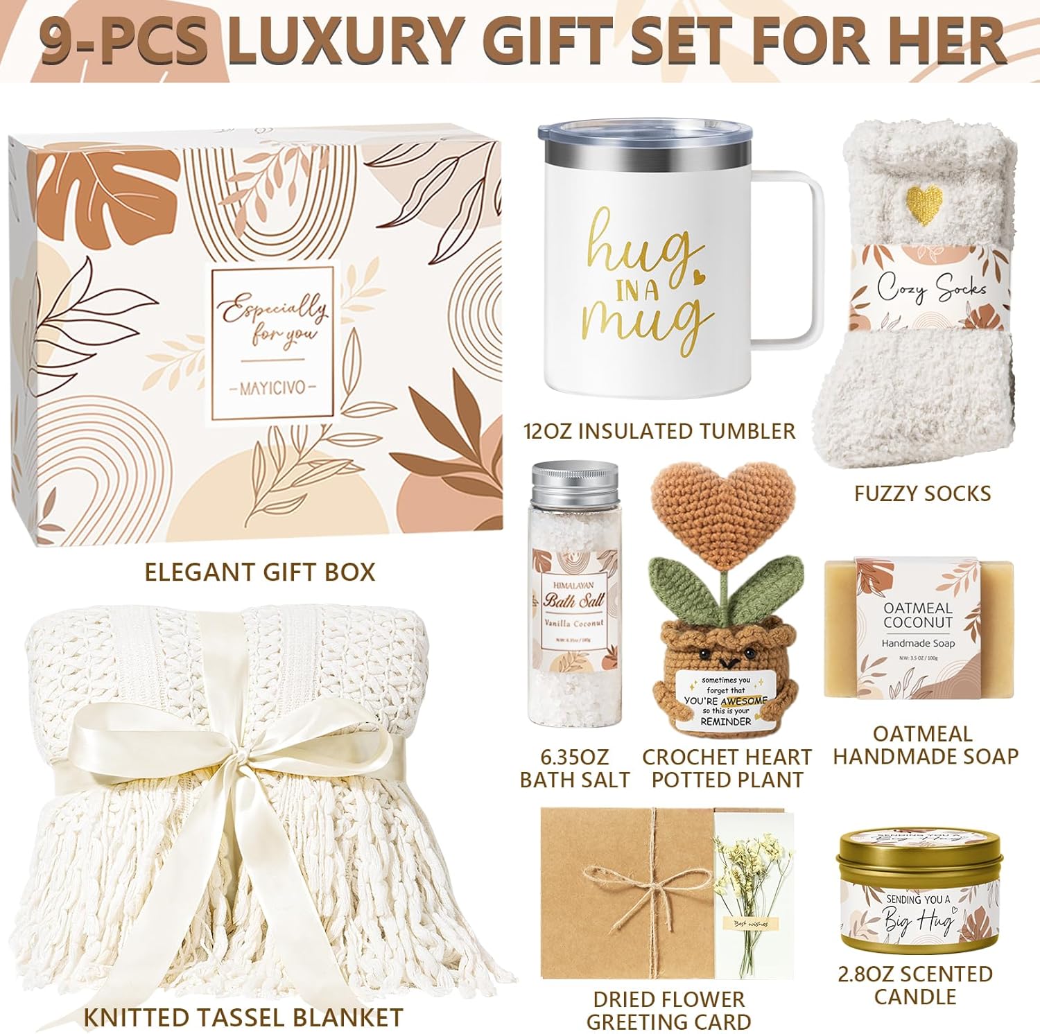Cozy Comfort Gift Basket for Women with Knitted Blanket, Tumbler, Bath Salts & Self-Care Essentia.