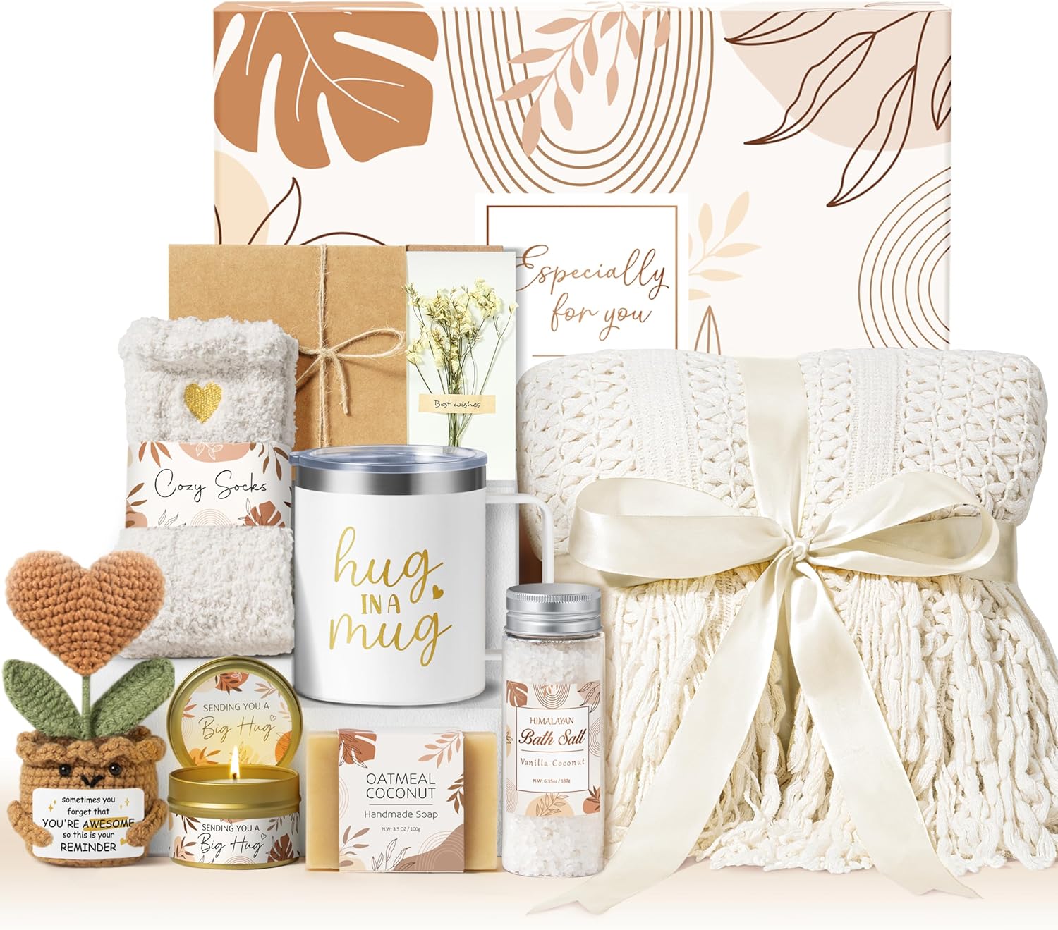Cozy Comfort Gift Basket for Women with Knitted Blanket, Tumbler, Bath Salts & Self-Care Essentia.