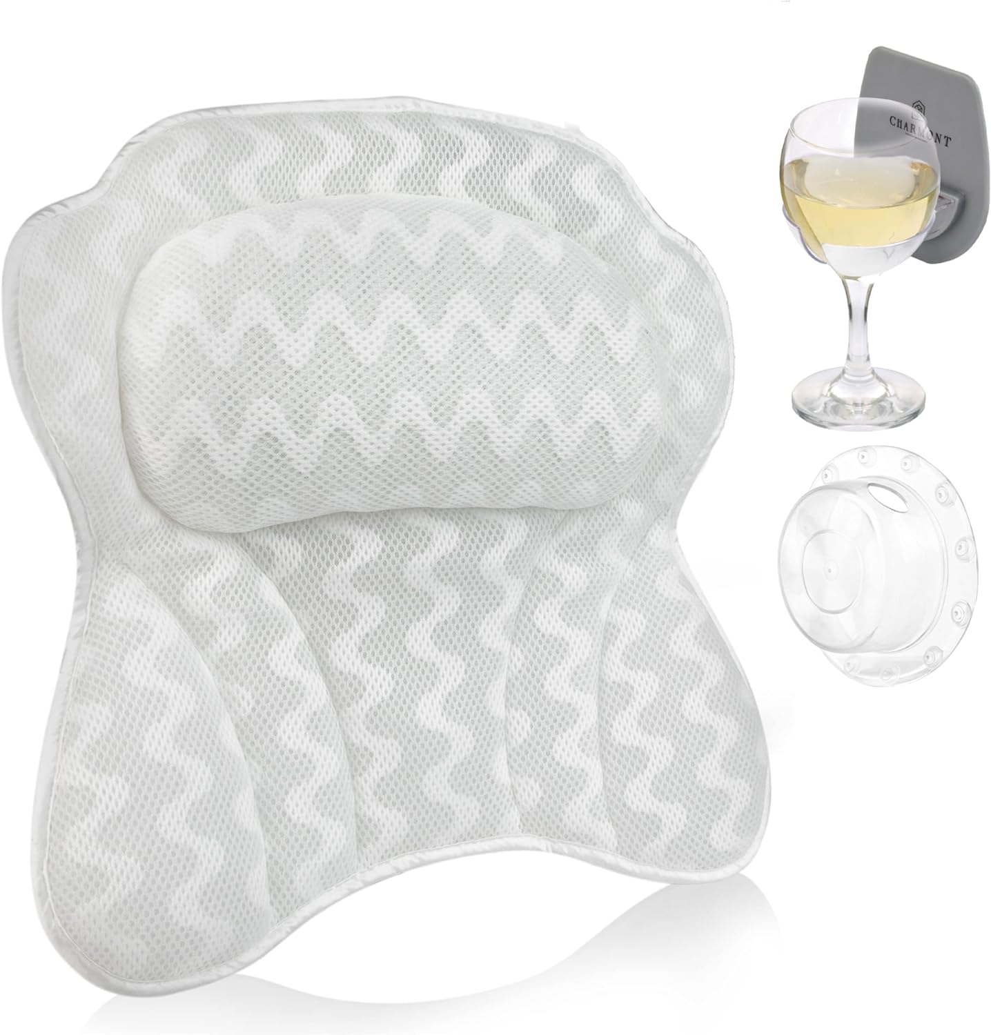 Charmont Luxury Bath Pillow Set, Relaxing Spa Bathtub Headrest for Head and Neck Support, Slip Resistant Waterproof Bathtub Cushion Strong Suction for Soaking Tub 3D Air Mesh with Accessories