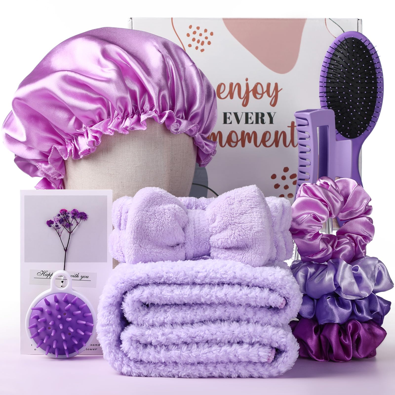 Sawysine 12 Pcs Mother's Day Hair Care Gift Set with Pink Microfiber Hair Drying Towel Spa Kit Include Quick Dry Hairs Towel Wrap Silk Bonnet Headband Brush for Women Birthday Wedding Gifts