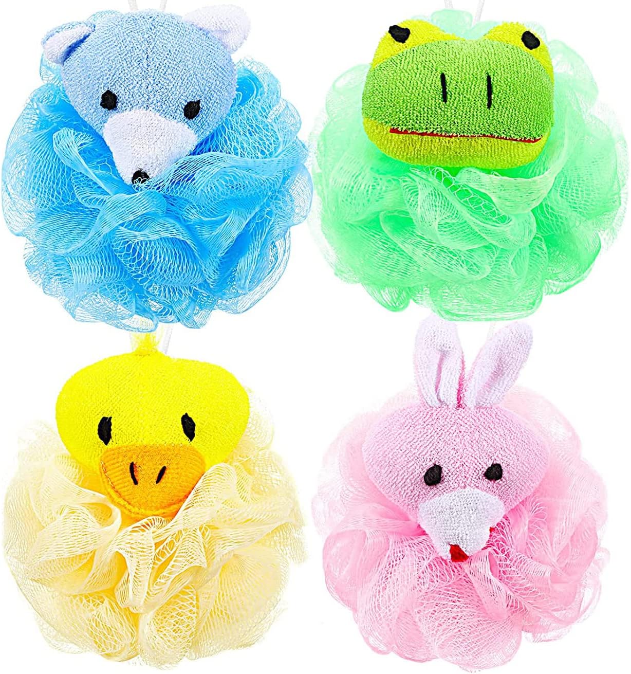Animal Bath Sponge Body Scrubber Ball Loofah, Pack of 4 Assorted Colors Pink, Blue, Yellow, Green Mesh Shower Sponge Pouf with Hooks for Gentle Body Exfoliating, Great for Kids, Gifts