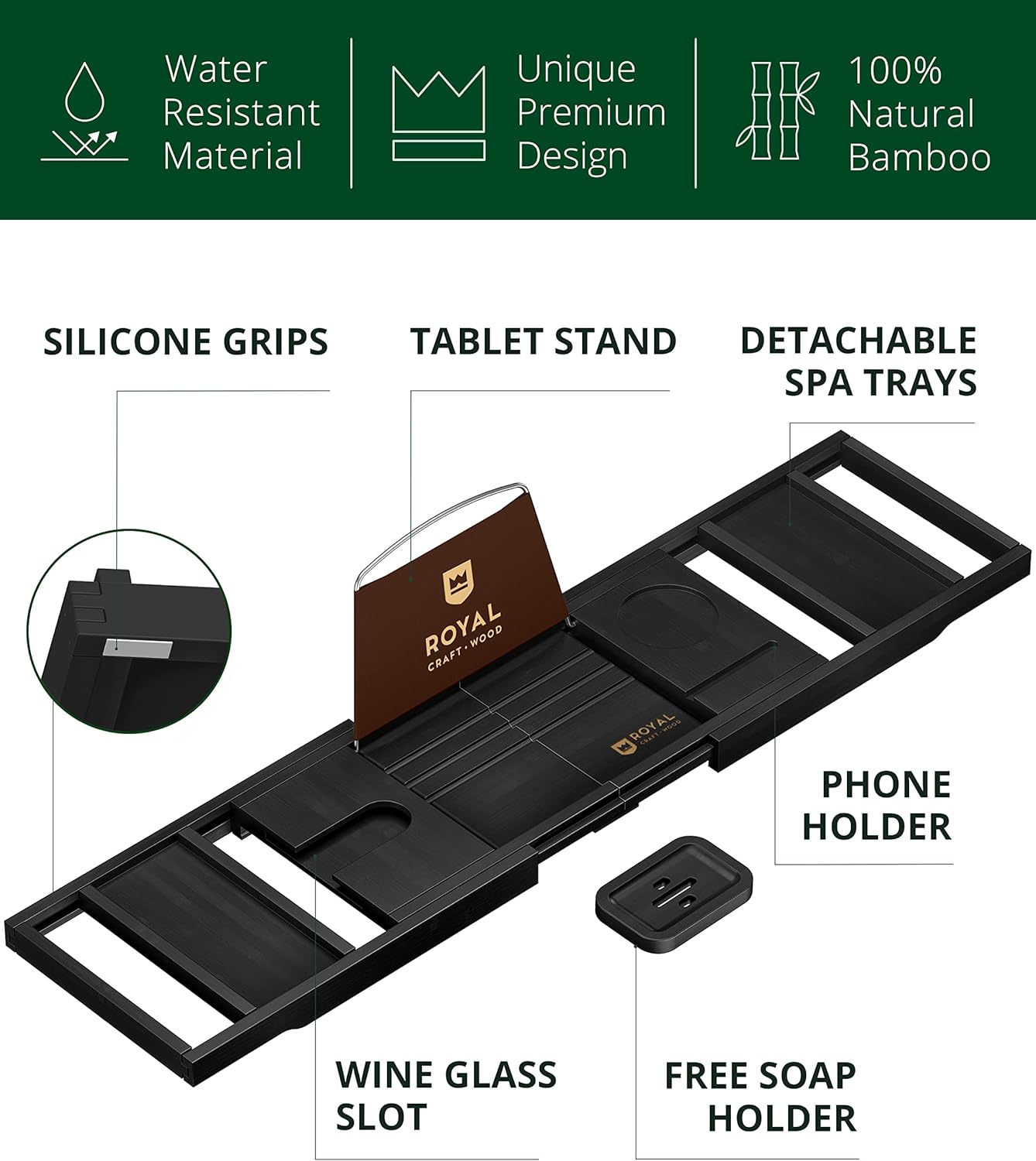 ROYAL CRAFT WOOD Foldable Bathtub Tray Caddy Bamboo Bathtub Tray Expandable, Bath Tub Table Caddy with Extending Sides - Free Soap Dish