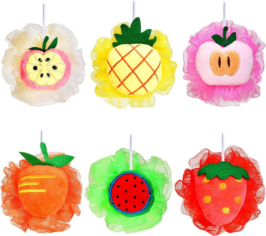 6 Pieces Cute Fruit Bath Shower Sponge Loofahs Mesh Pouf Shower Ball Colorful Cartoon Body Scrubber Balls Shower Mesh for Kids Adults