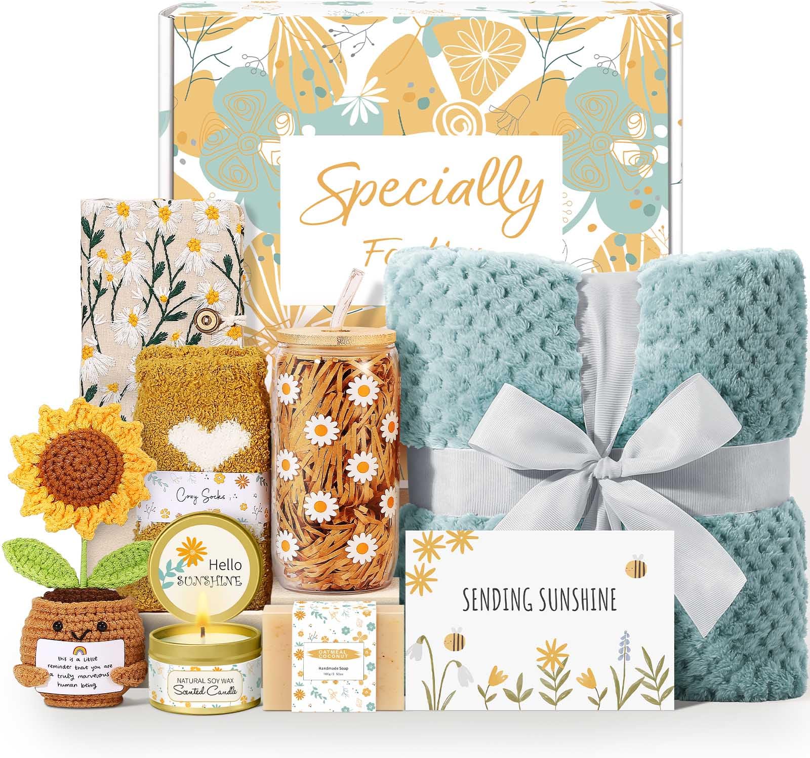 Luxury Gift Basket for Women – Daisy Glass Cup, Cozy Blanket & Self Care Essentials