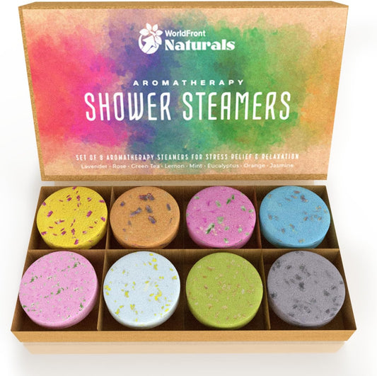 WorldFront Naturals Brand Round Shower Steamers Set - Aromatherapy Bath Bombs with 8 Natural Pure Essential Oils for Home Spa, 8-Pack Different Flavors Tablets - Perfect Gifts for Women