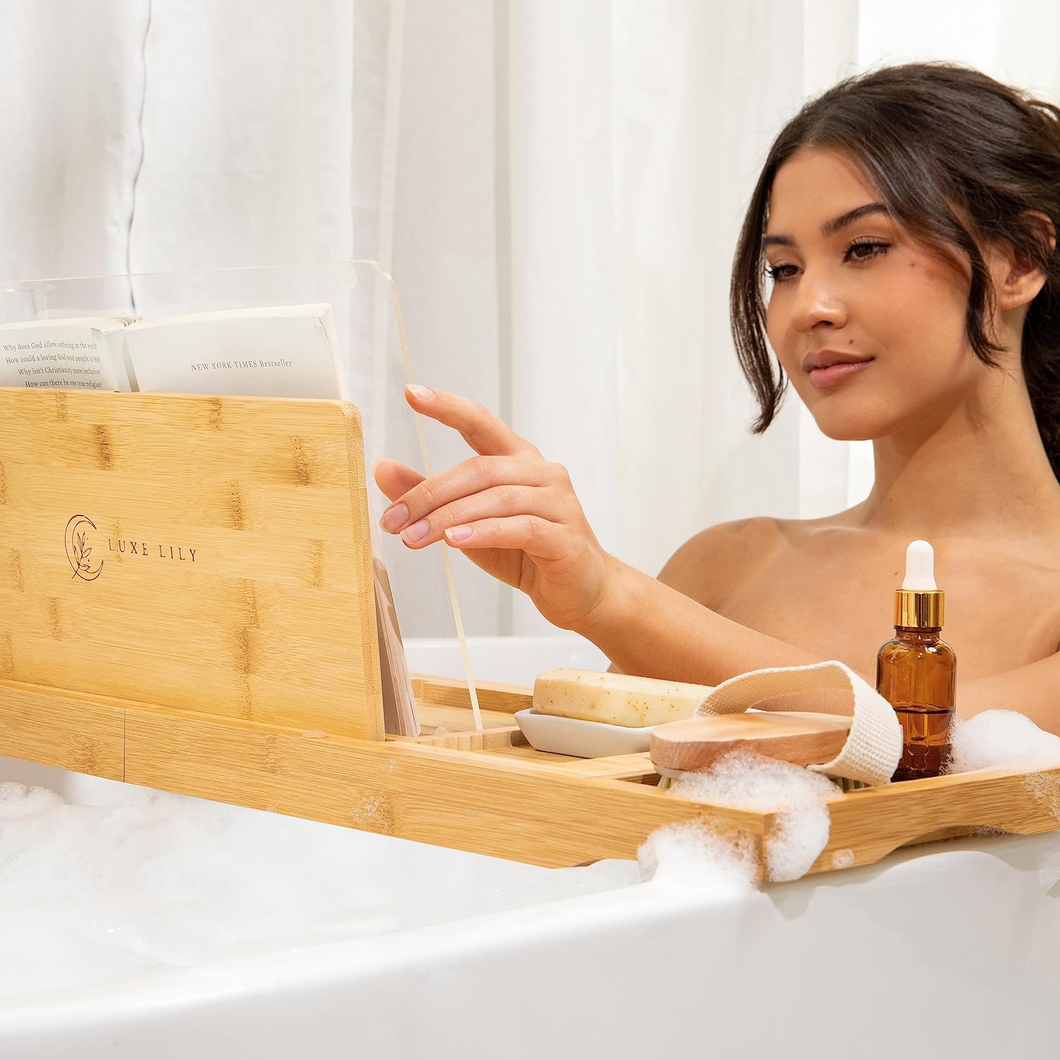 Luxe Lily Bathtub Caddy Tray | Holds Book Open with Removable Water Shield | Bath Tub Tray Table | Extendable Bathtub Trays for Tub | Bath Tray for Bathtub with Wine Holder | Tub Tray for Bathtub
