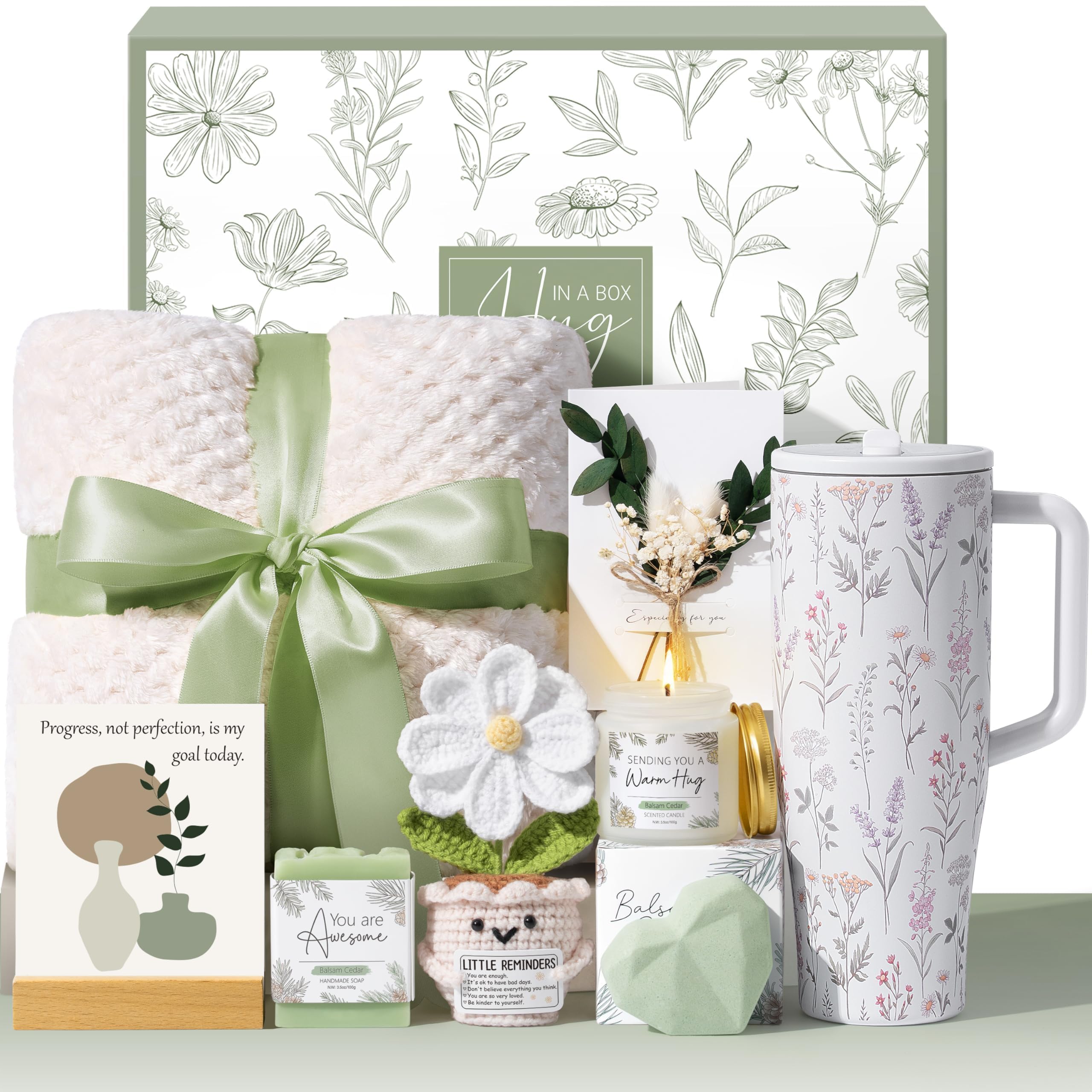Relaxation Gift Basket for Women with 40oz Tumbler, Blanket, Candle, Bath Bomb & Self-Care Essentials