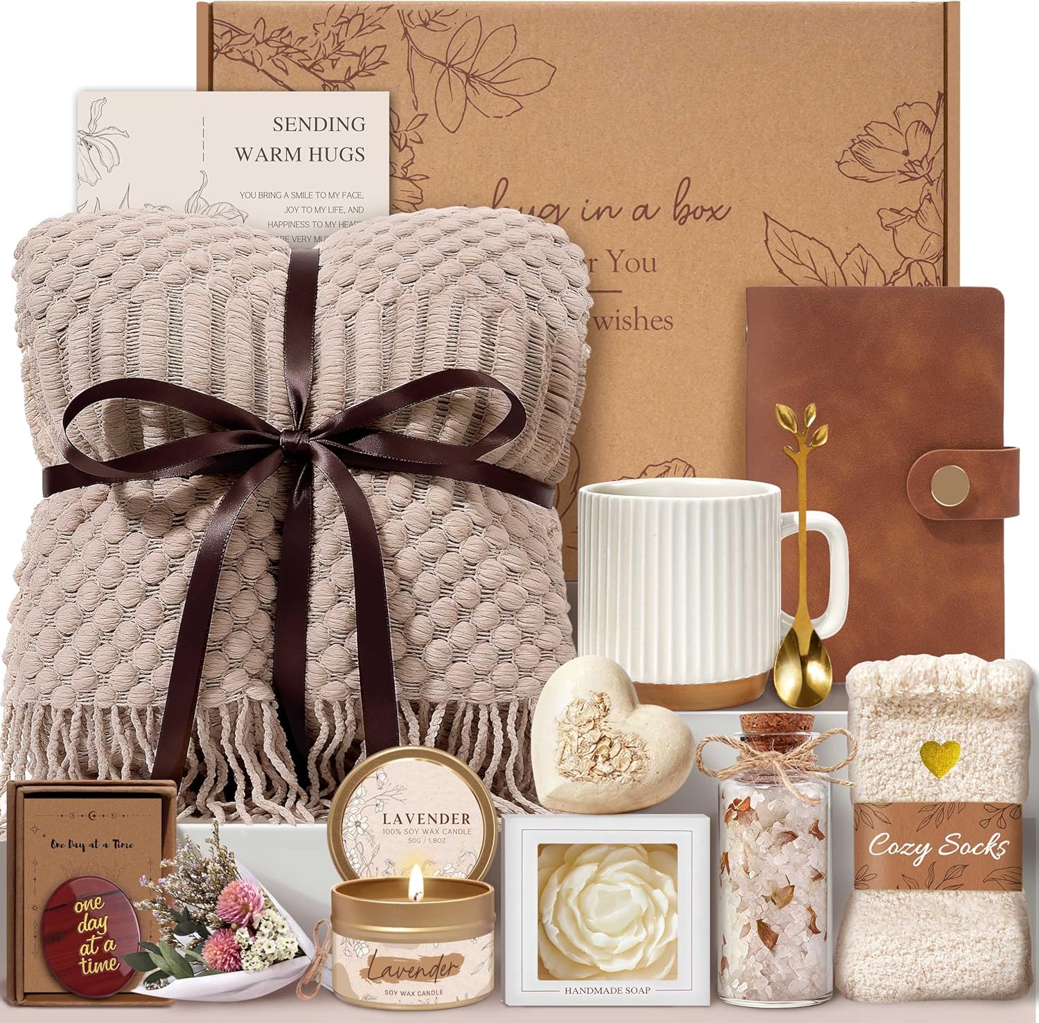 Birthday Gift Basket for Women – Self Care Spa Gift Set with Blanket, Mug, Notebook & Bath Essentia