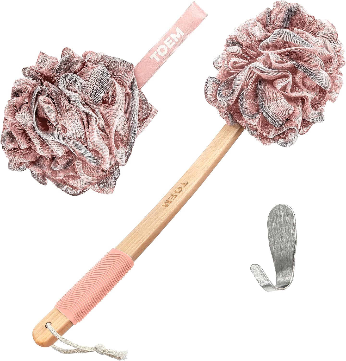 Toem Loofah Back Scrubber for Shower | Bamboo Charcoal Fiber Infused | Loufas for Men & Women | Includes 1 Long Handled Shower Sponge, 1 Bath & Shower Luffa Pouf & 1 Hook to Hang Stuff (Slate Grey)
