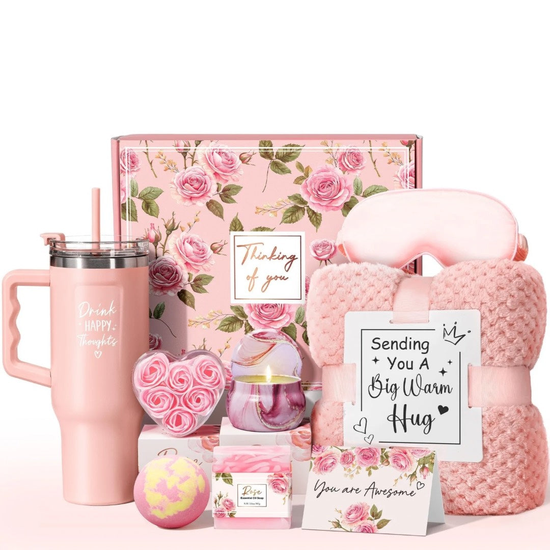 Rose Self Care Gift Basket for Women – Spa Gift Set with Blanket, Tumbler, Candle & Bath Essentials.