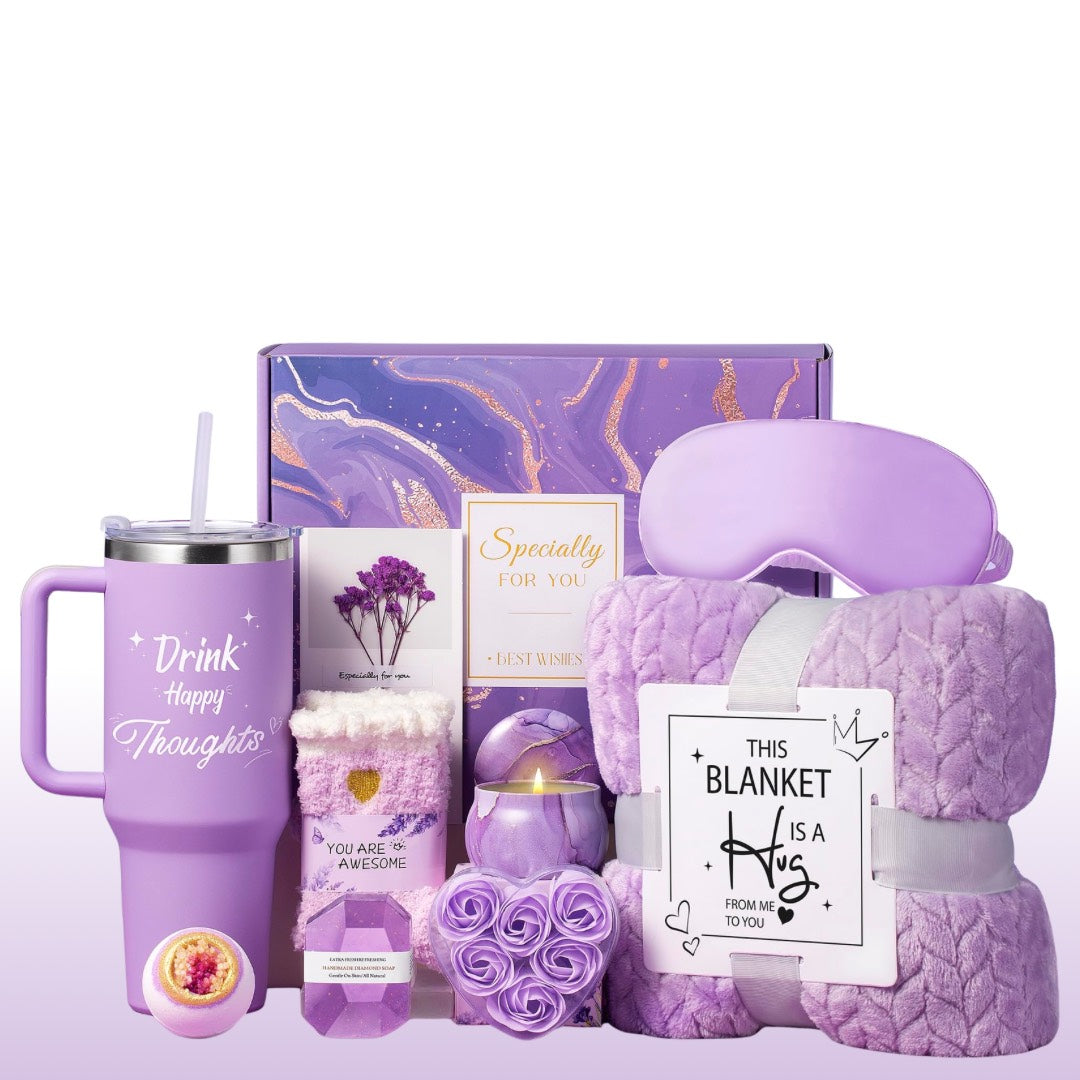 Self Care Gift Basket for Women – Spa Gift Set with Blanket, 40oz Tumbler & Relaxing Essentials.